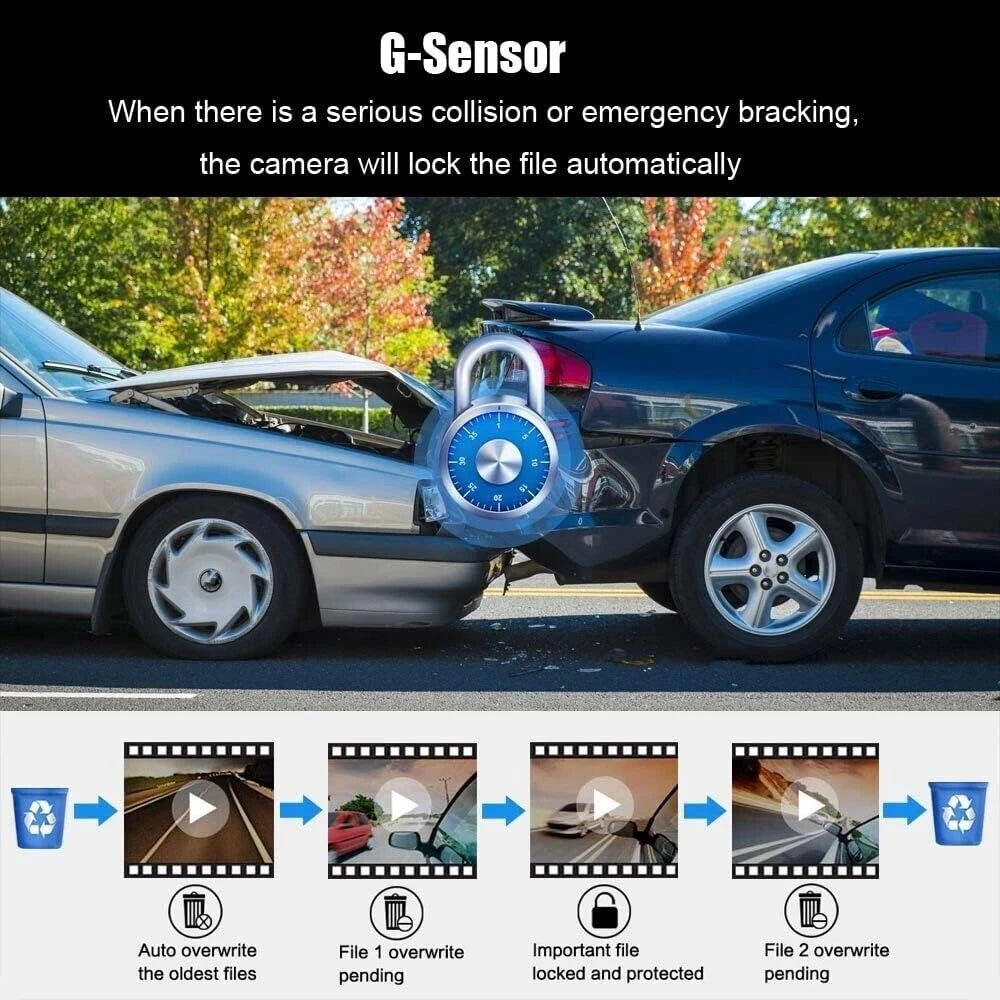 Cámara de salpicadero DVR para coche con doble lente 1080P, grabadora de vídeo, sensor G, cámara frontal e interior