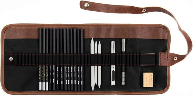 Set de 29 piezas de dibujo artístico profesional: lápices, carboncillos y herramientas de arte