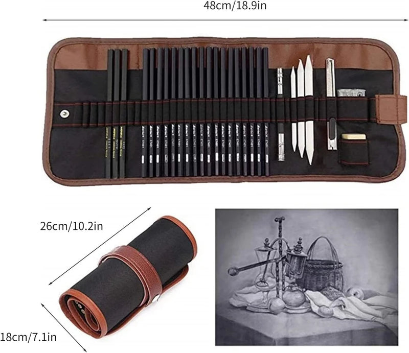Set de 29 piezas de dibujo artístico profesional: lápices, carboncillos y herramientas de arte