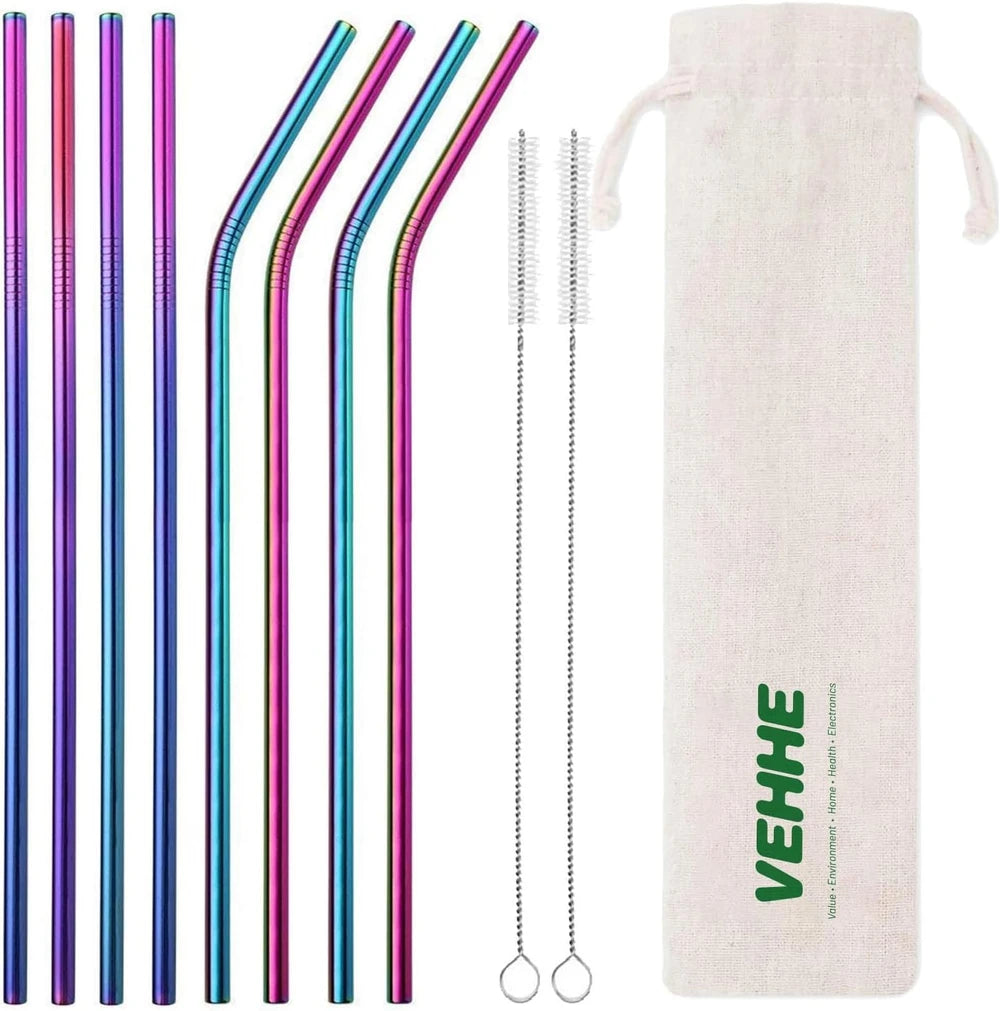 Paquete de 8 pajitas metálicas arcoíris, pajitas reutilizables de acero inoxidable para vasos de 20/30 oz