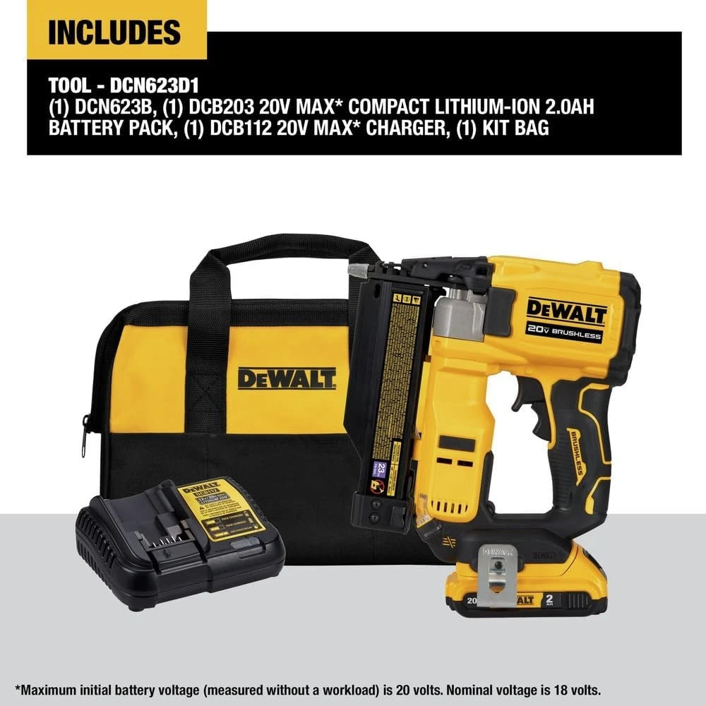 Kit de clavadora para clavos sin cabeza de calibre 23, inalámbrica, de iones de litio ATOMIC 20V MAX, con batería de 2.0Ah y cargador