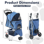 Cochecito para mascotas de 3 ruedas, cochecito plegable y ligero para perros pequeños y medianos y gatos, con malla transpirable y cubierta impermeable con cesta de almacenamiento, para paseos diarios y viajes al aire libre (azul)