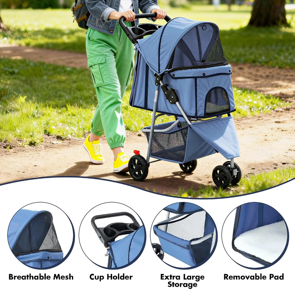Cochecito para mascotas de 3 ruedas, cochecito plegable y ligero para perros pequeños y medianos y gatos, con malla transpirable y cubierta impermeable con cesta de almacenamiento, para paseos diarios y viajes al aire libre (azul)