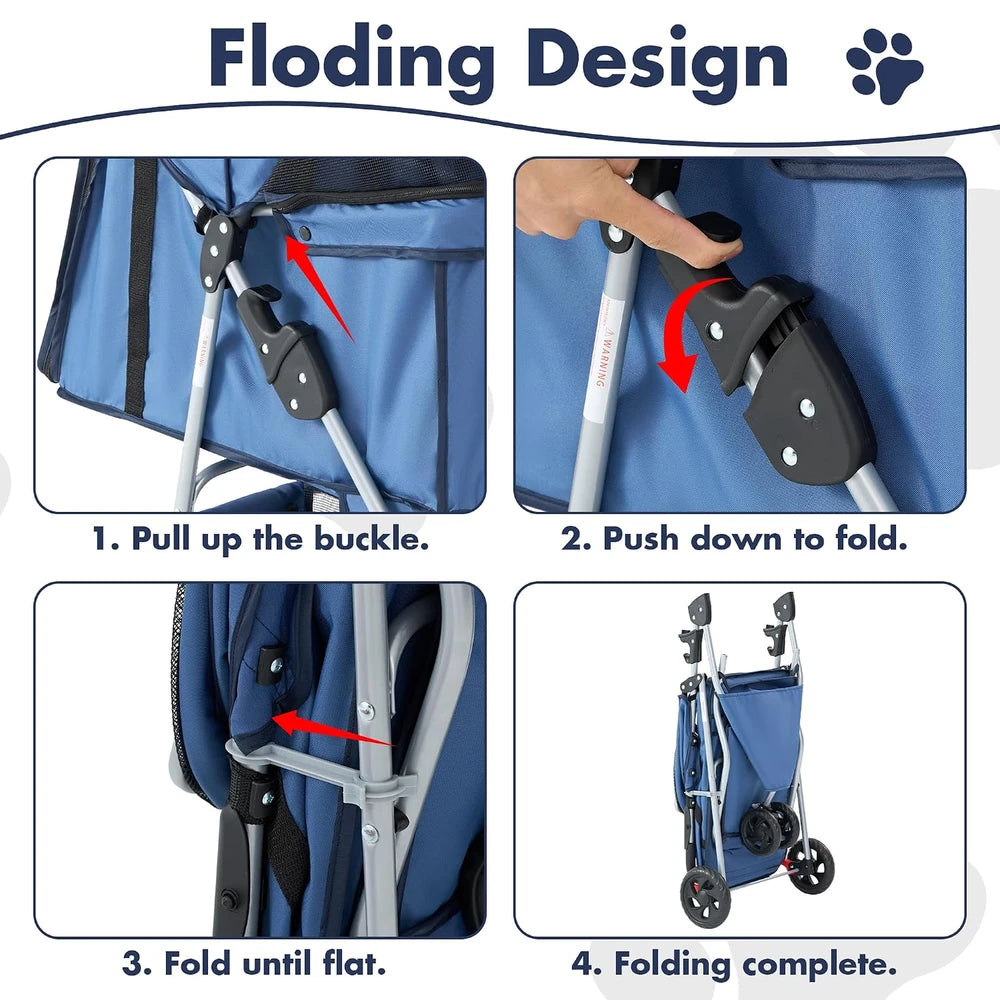 Cochecito para mascotas de 3 ruedas, cochecito plegable y ligero para perros pequeños y medianos y gatos, con malla transpirable y cubierta impermeable con cesta de almacenamiento, para paseos diarios y viajes al aire libre (azul)