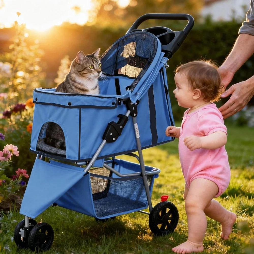 Cochecito para mascotas de 3 ruedas, cochecito plegable y ligero para perros pequeños y medianos y gatos, con malla transpirable y cubierta impermeable con cesta de almacenamiento, para paseos diarios y viajes al aire libre (azul)