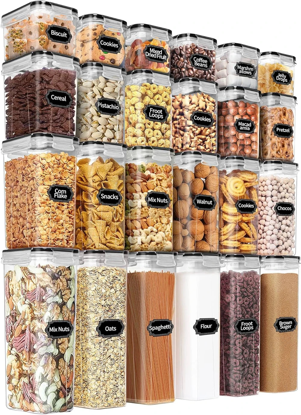 Juego de recipientes herméticos para almacenar alimentos con tapas - 24 piezas, organización de cocina y despensa sin BPA, recipientes de plástico a prueba de fugas para cereales, harina y azúcar - etiquetas y marcador