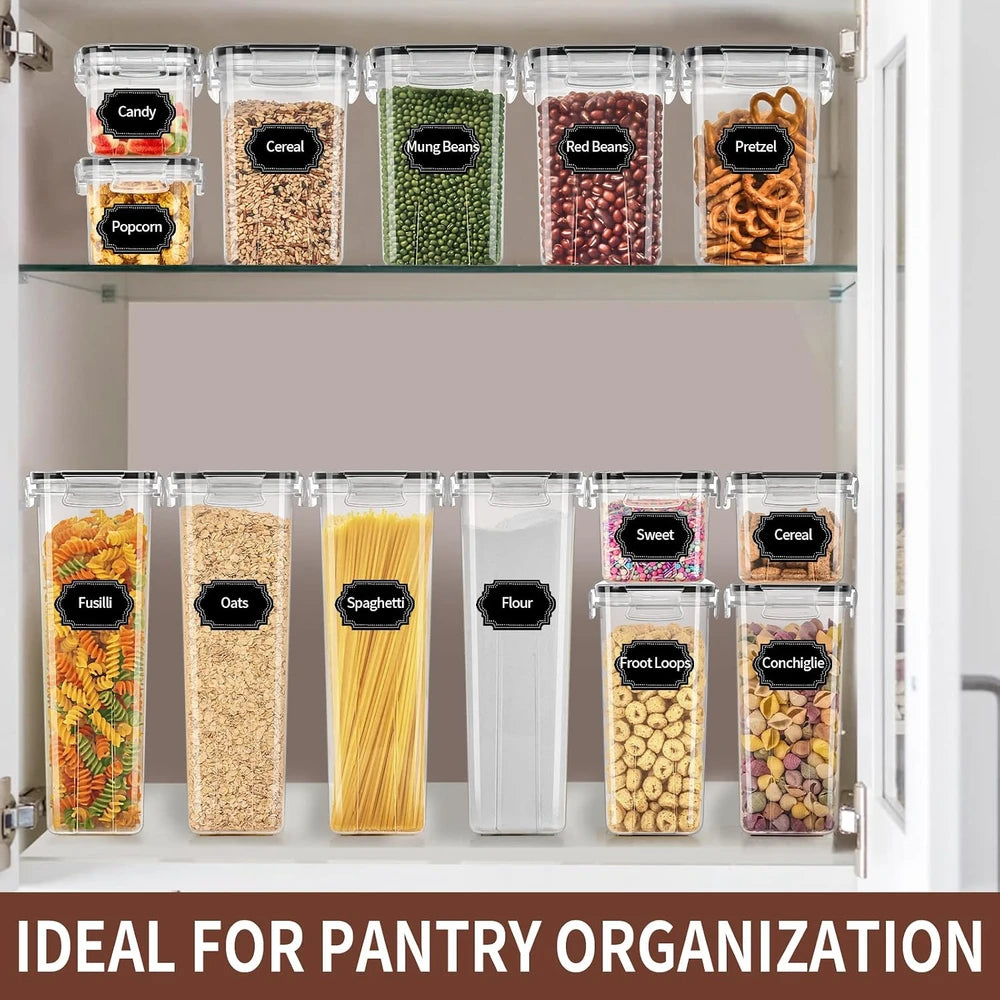 Juego de recipientes herméticos para almacenar alimentos con tapas - 24 piezas, organización de cocina y despensa sin BPA, recipientes de plástico a prueba de fugas para cereales, harina y azúcar - etiquetas y marcador