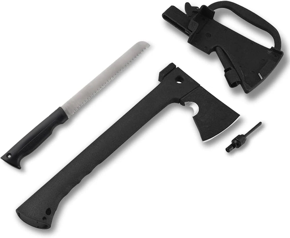 Hacha de mano para acampar con funda y equipo de supervivencia: hacha ligera con sierra de madera dentada integrada, cuchillo y herramientas de iniciador de fuego de magnesio