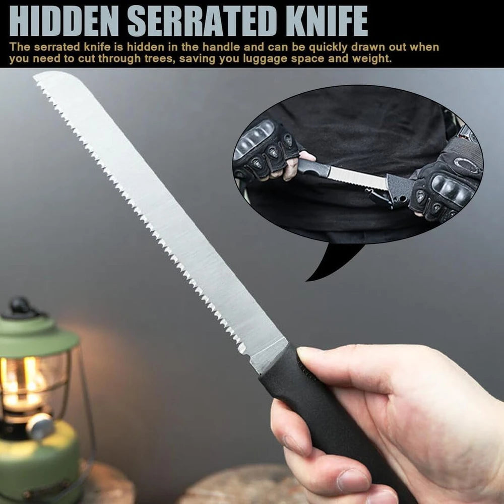 Hacha de mano para acampar con funda y equipo de supervivencia: hacha ligera con sierra de madera dentada integrada, cuchillo y herramientas de iniciador de fuego de magnesio