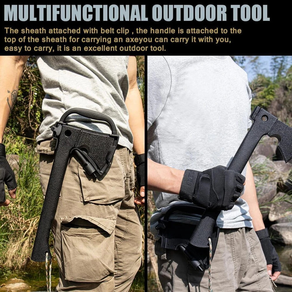 Hacha de mano para acampar con funda y equipo de supervivencia: hacha ligera con sierra de madera dentada integrada, cuchillo y herramientas de iniciador de fuego de magnesio
