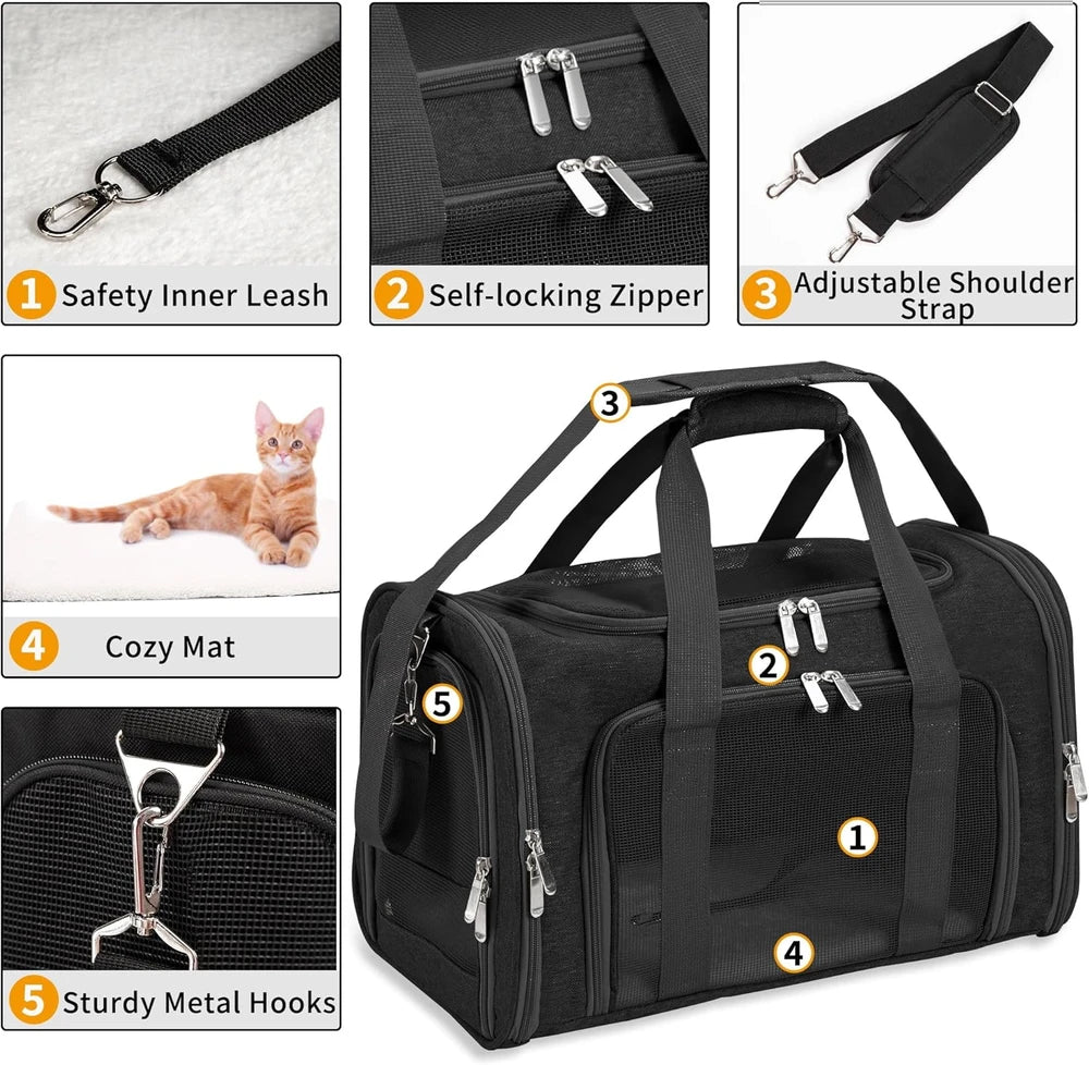 Transportín para Gatos - Transportín Portátil Plegable para Perros y Mascotas, Bolso de Lona Blanda para Mascotas de hasta 10 kg, Transportín Apto para Aerolíneas para Cachorros