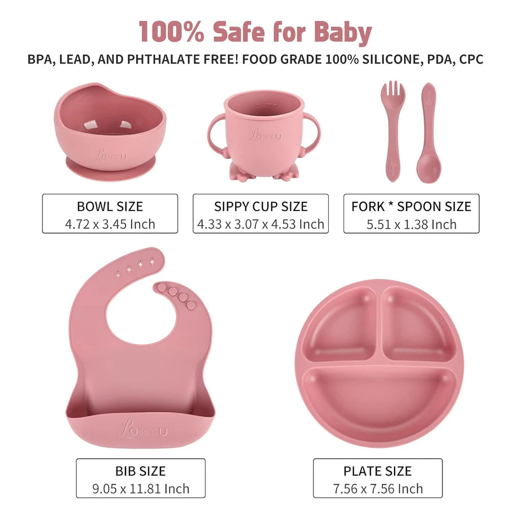 Set de vajilla infantil de silicona para bebé, 6/8 piezas, con ventosas, tenedores, cucharas, baberos, pajitas y vasos, artículos para mamá y bebé
