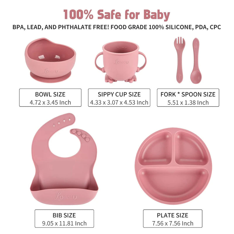 Silicone Baby Feeding Set with Suction Plate, 6 or 8 Piece