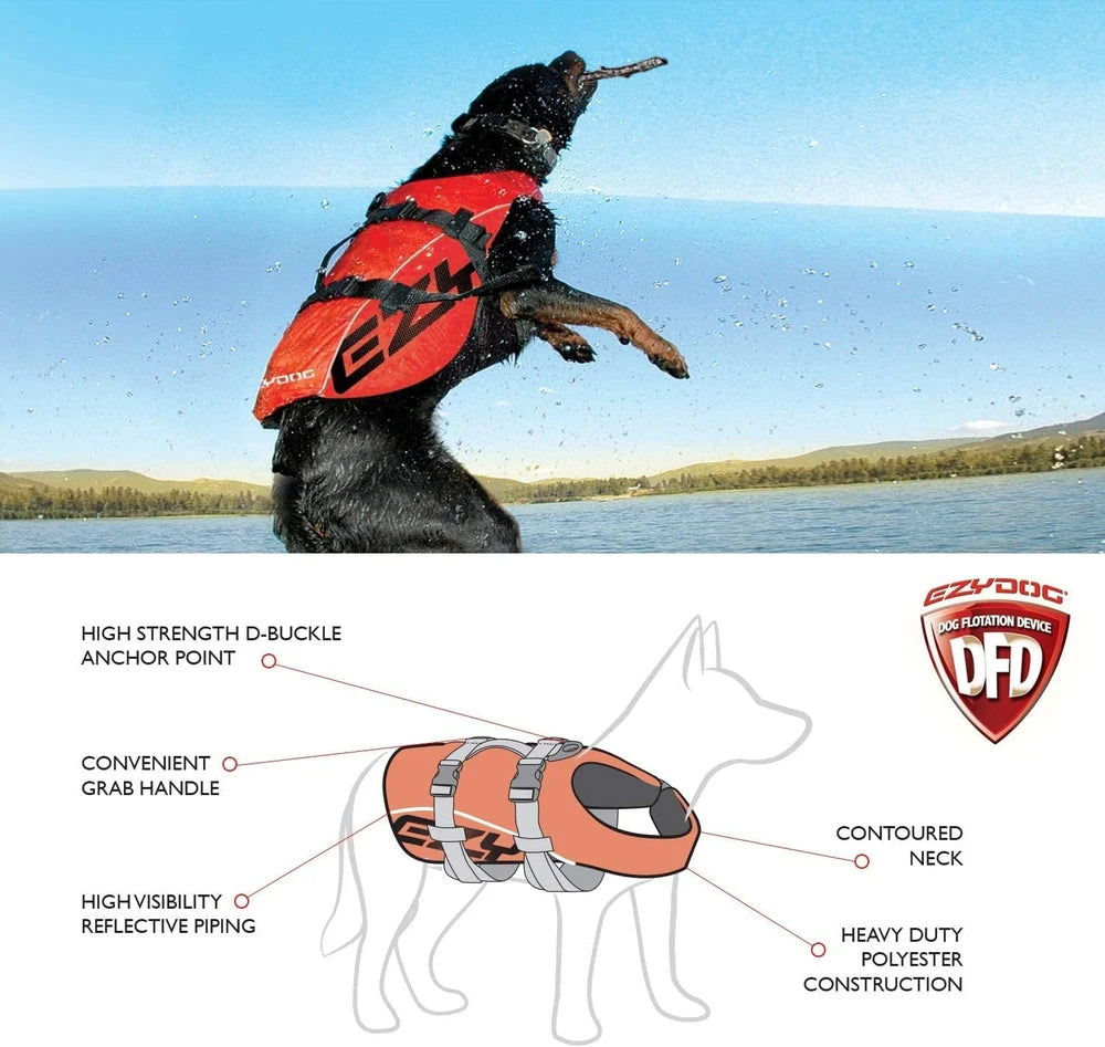Chaleco salvavidas para perros DFD, chaleco de natación para perros - Extra pequeño, rojo | Chaleco de natación ajustable para perros, correas de neopreno acolchadas, asa de agarre, 50% más material de flotación, ribete reflectante, se mantiene erguido