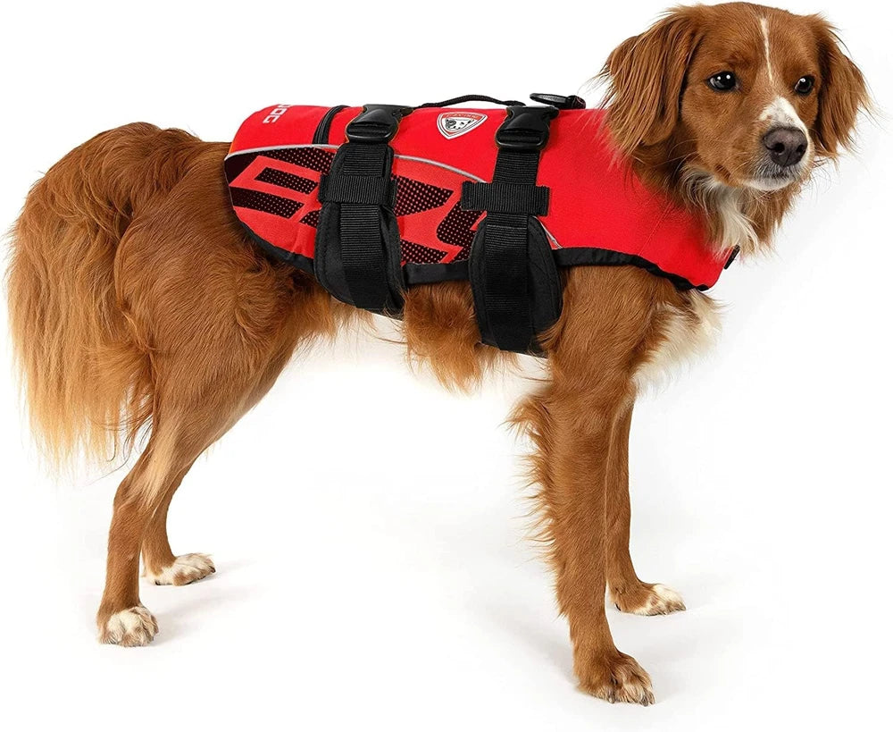 Chaleco salvavidas para perros DFD, chaleco de natación para perros - Extra pequeño, rojo | Chaleco de natación ajustable para perros, correas de neopreno acolchadas, asa de agarre, 50% más material de flotación, ribete reflectante, se mantiene erguido