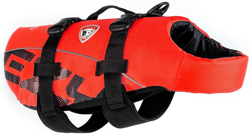 Chaleco salvavidas para perros DFD, chaleco de natación para perros - Extra pequeño, rojo | Chaleco de natación ajustable para perros, correas de neopreno acolchadas, asa de agarre, 50% más material de flotación, ribete reflectante, se mantiene erguido