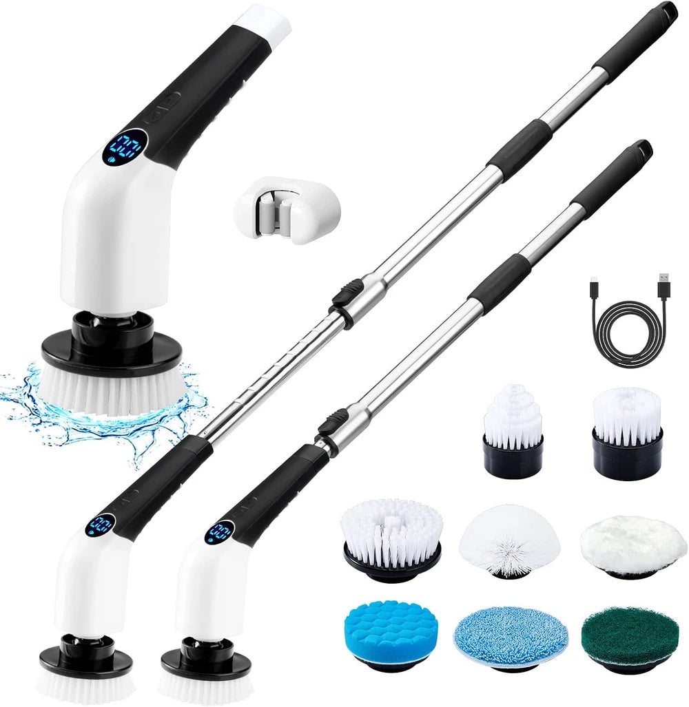 Cepillo eléctrico giratorio, cepillo de limpieza inalámbrico con 8 cabezales reemplazables, cepillo potente para ducha con mango largo para suelo, azulejos, baño, bañera