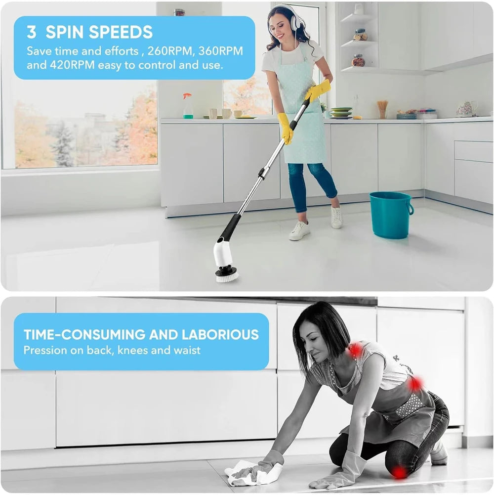 Cepillo eléctrico giratorio, cepillo de limpieza inalámbrico con 8 cabezales reemplazables, cepillo potente para ducha con mango largo para suelo, azulejos, baño, bañera