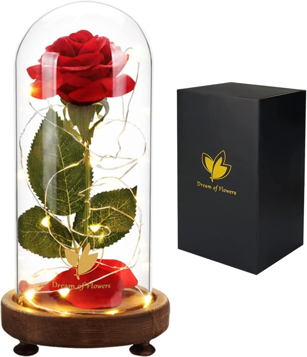 Rosa de seda eterna en cúpula de cristal, regalo de flor con luz LED de La Bella y la Bestia