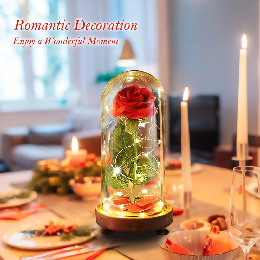 Rosa de seda eterna en cúpula de cristal, regalo de flor con luz LED de La Bella y la Bestia