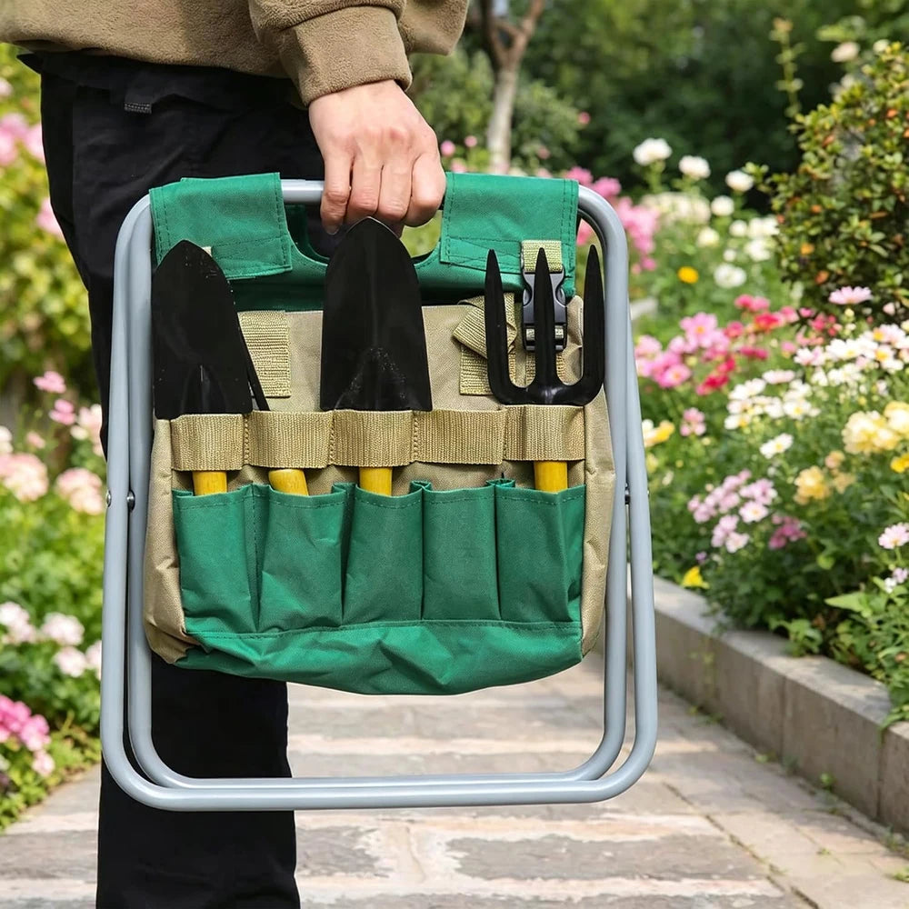 Taburete de Jardín con Bolsa Organizadora de Herramientas de Jardinería, Asiento Plegable de Jardín Taburete de Jardín