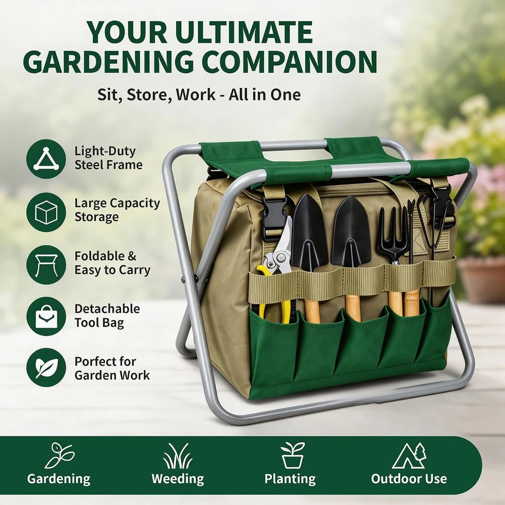 Taburete de Jardín con Bolsa Organizadora de Herramientas de Jardinería, Asiento Plegable de Jardín Taburete de Jardín