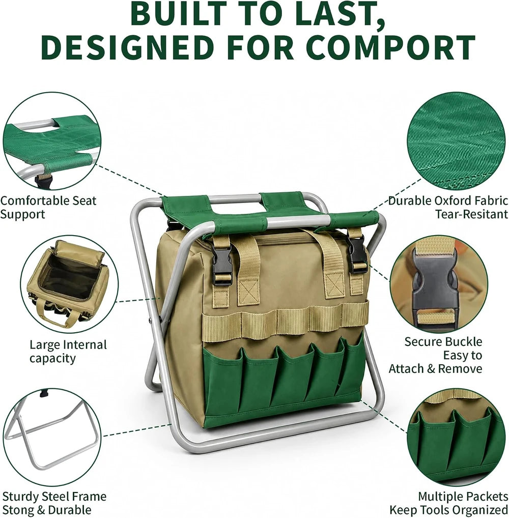 Taburete de Jardín con Bolsa Organizadora de Herramientas de Jardinería, Asiento Plegable de Jardín Taburete de Jardín
