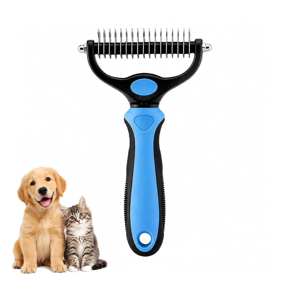 Cepillo de aseo para perros y gatos, herramienta de deslanado, peine rastrillo, removedor de pelo, herramienta de desenredado de doble cara para mascotas, cepillo de aseo, rastrillo para subpelo y peine para eliminar el pelo suelto.