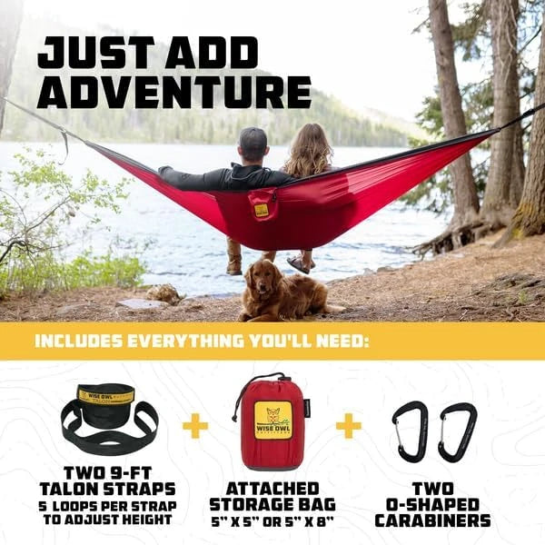 Hamaca doble para camping, equipo para exteriores, mochilero, supervivencia o viajes - Portátil, ligera, de nailon tipo paracaídas, color negro y gris