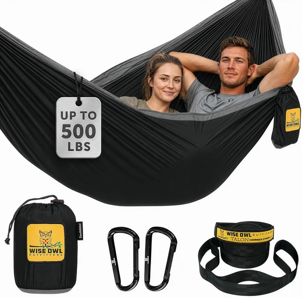 Hamaca doble para camping, equipo para exteriores, mochilero, supervivencia o viajes - Portátil, ligera, de nailon tipo paracaídas, color negro y gris