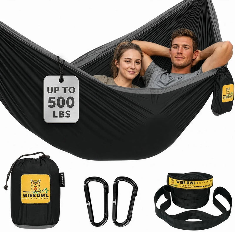 Hamaca doble para camping, equipo para exteriores, mochilero, supervivencia o viajes - Portátil, ligera, de nailon tipo paracaídas, color negro y gris