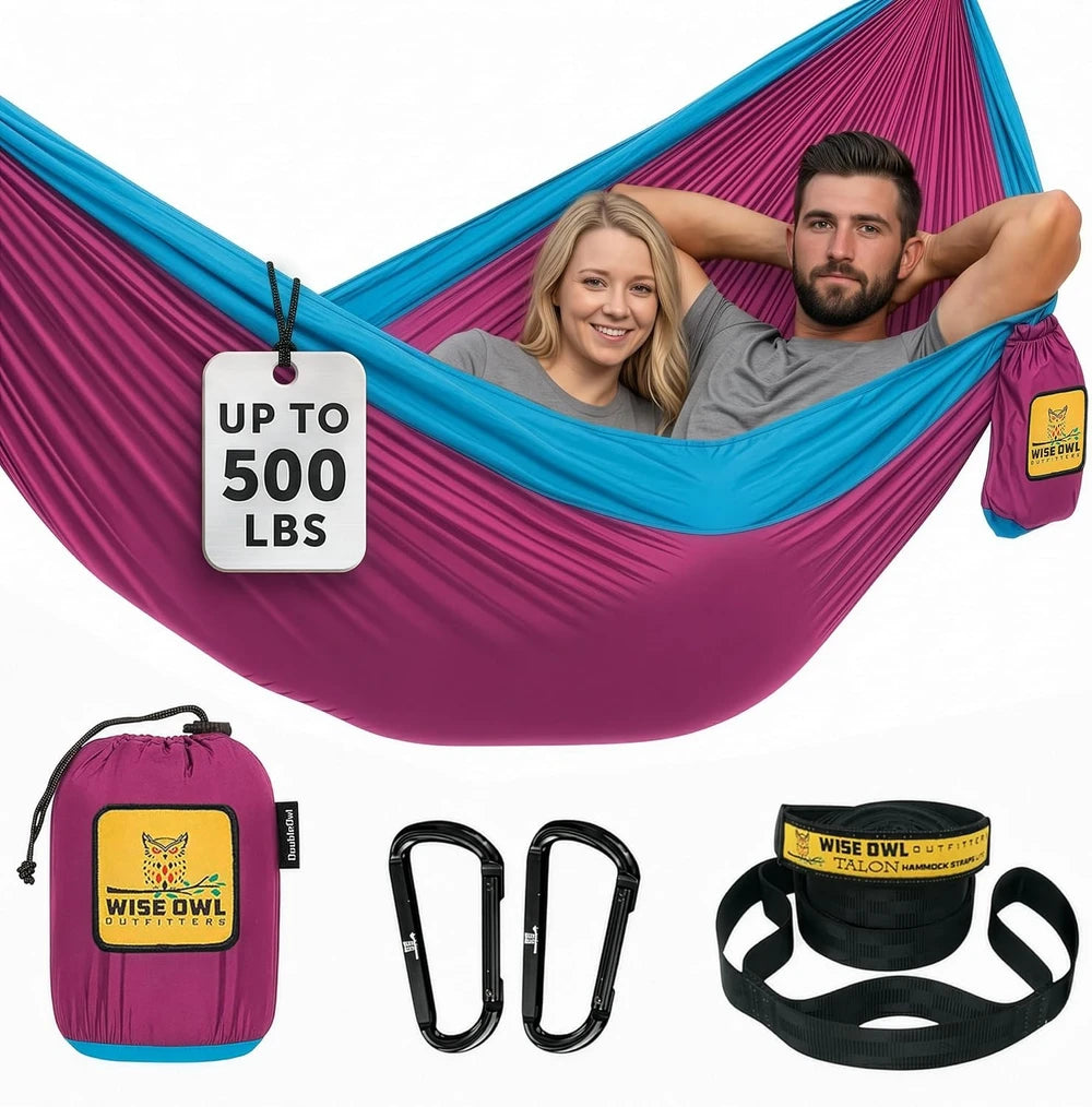 Hamaca para acampar, hamaca doble, equipo para actividades al aire libre, senderismo, supervivencia o viajes - Portátil, ligera, de nailon de paracaídas, color fucsia y azul cielo