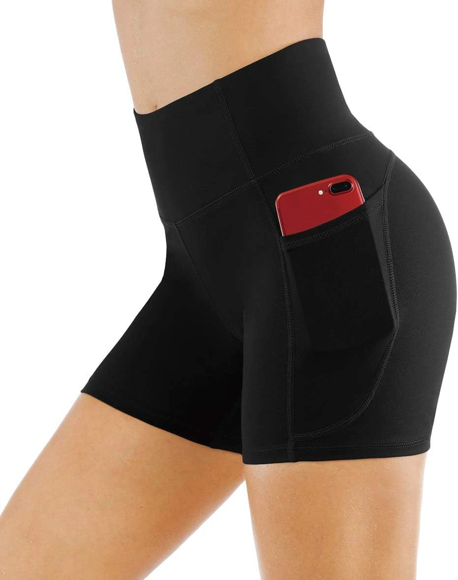Pantalones cortos de yoga de cintura alta para mujer, shorts deportivos de entrenamiento para correr con control de abdomen y bolsillos profundos