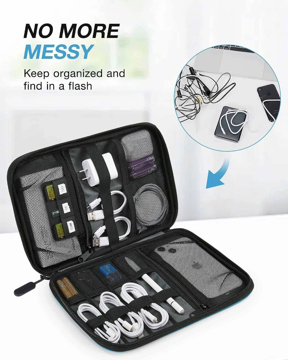 Estuche organizador de viaje grande para accesorios electrónicos, azul | Organizador de cables de viaje, para artículos esenciales de viaje, organizador de cables, para teléfono, batería externa y tarjeta SD