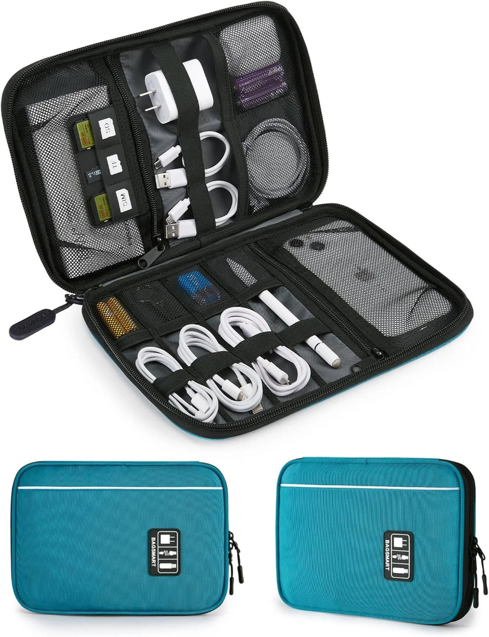 Estuche organizador de viaje grande para accesorios electrónicos, azul | Organizador de cables de viaje, para artículos esenciales de viaje, organizador de cables, para teléfono, batería externa y tarjeta SD