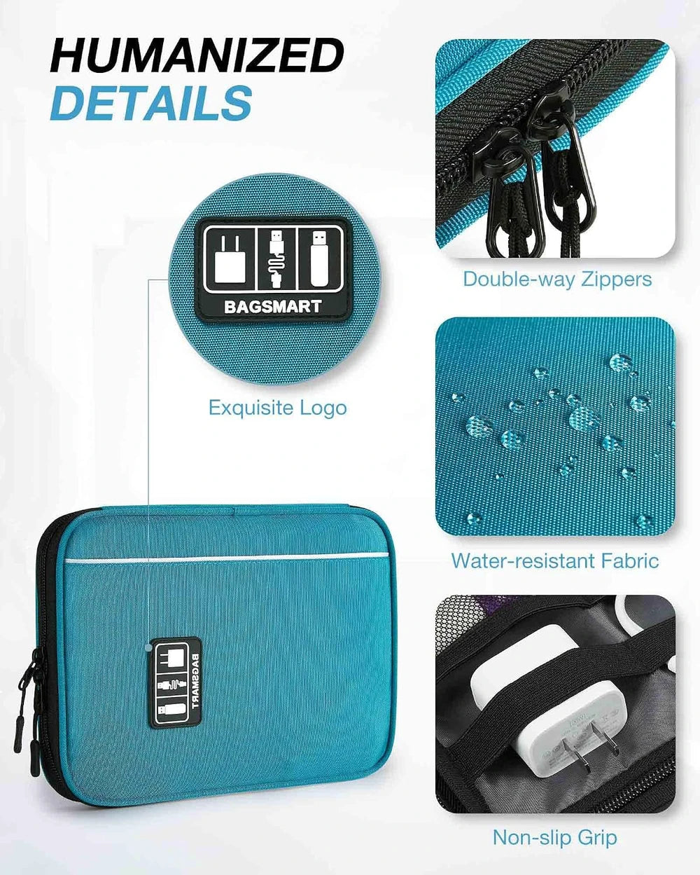 Estuche organizador de viaje grande para accesorios electrónicos, azul | Organizador de cables de viaje, para artículos esenciales de viaje, organizador de cables, para teléfono, batería externa y tarjeta SD