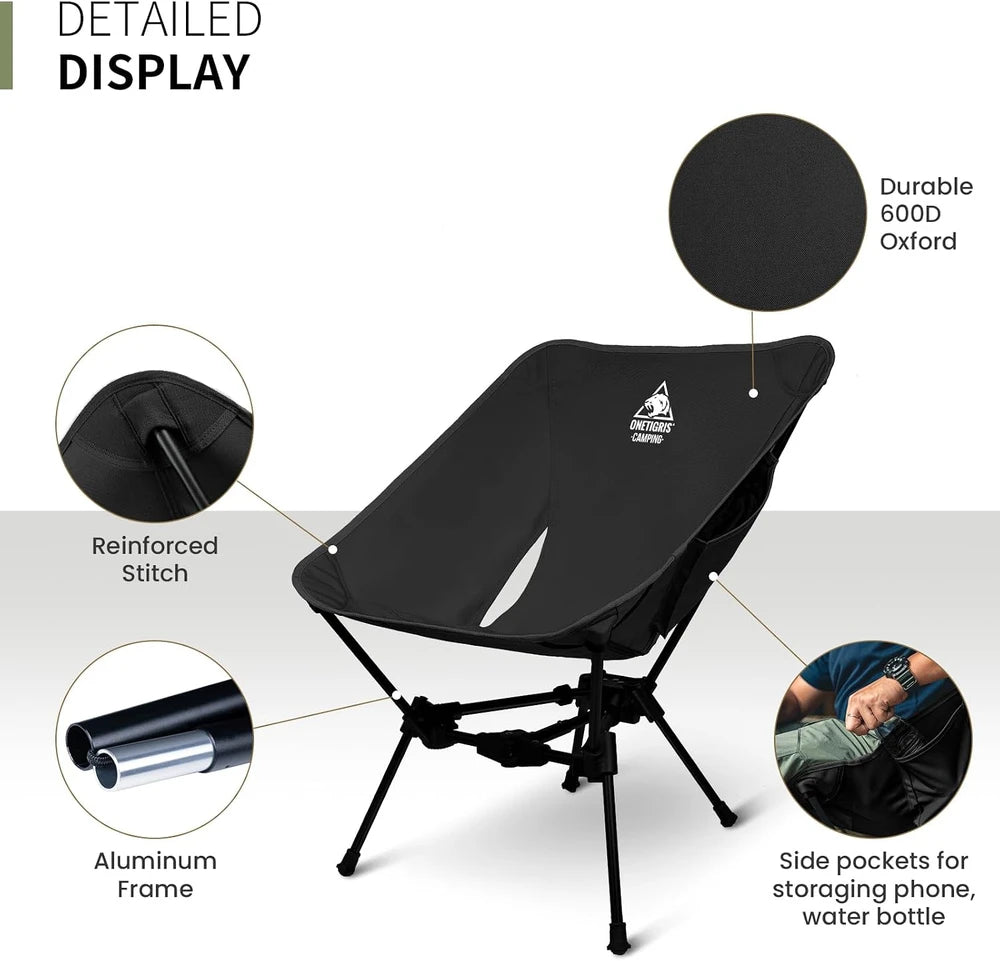 Sillas de camping plegables ultraligeras de respaldo bajo con bolsa de almacenamiento - Negras