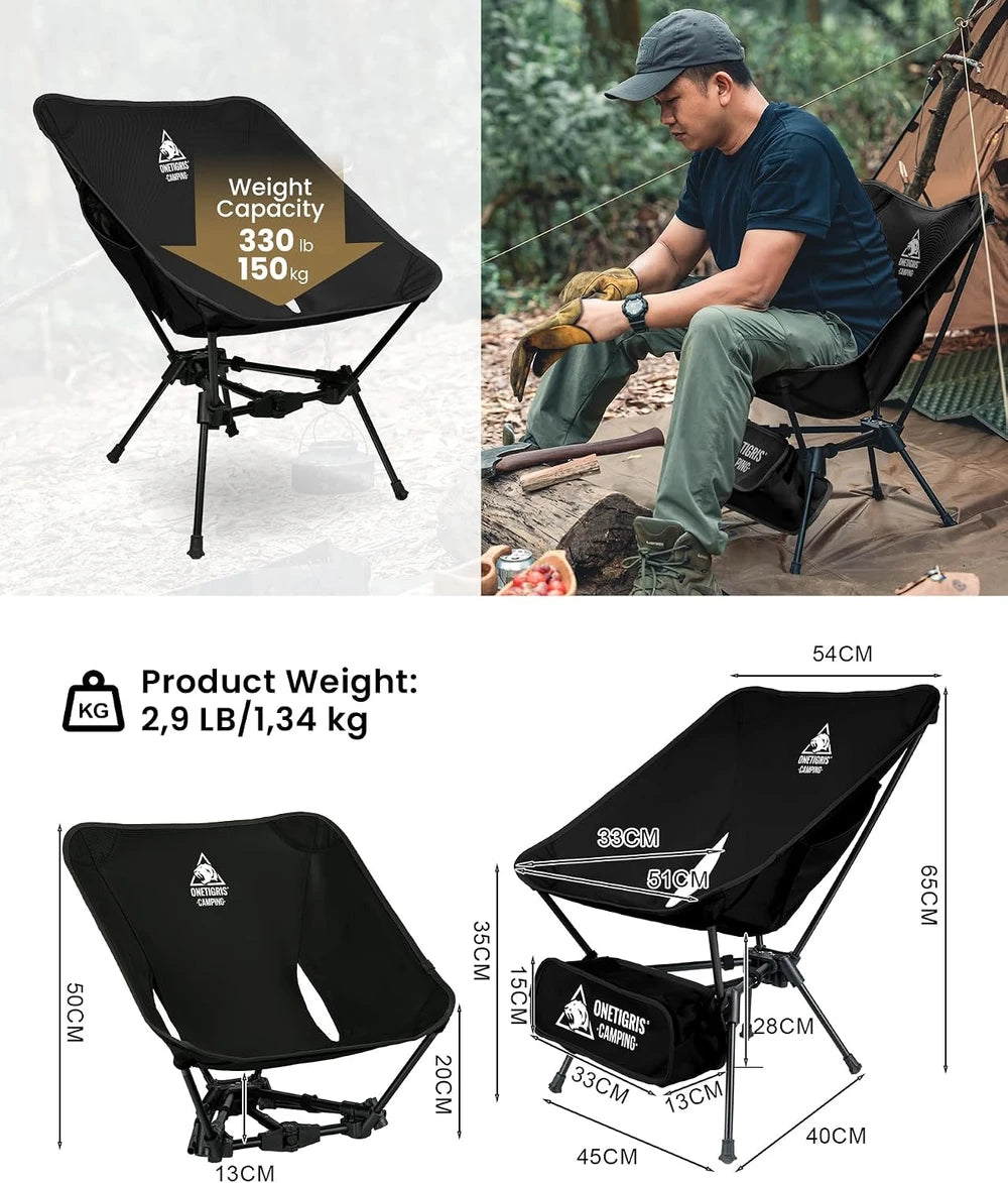 Sillas de camping plegables ultraligeras de respaldo bajo con bolsa de almacenamiento - Negras