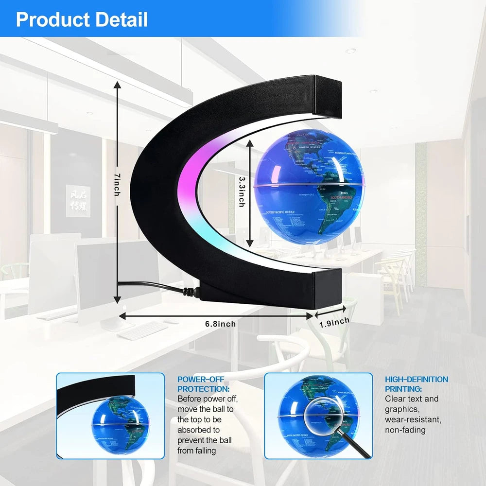 Globo terráqueo giratorio de levitación magnética con luz LED - Globo flotante antigravedad en forma de C para decoración de escritorio u oficina, mapa educativo STEM, regalo tecnológico único para hombres, niños y jefes, 3.5 pulgadas