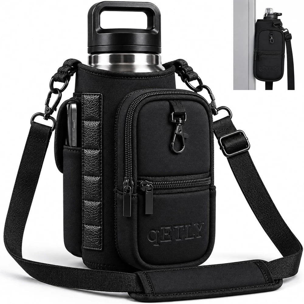 Soporte magnético para botella de agua, bolsa portabotella de agua para gimnasio con bolsillo para teléfono, asa, correa para el hombro, 6 imanes integrados, botella de agua
