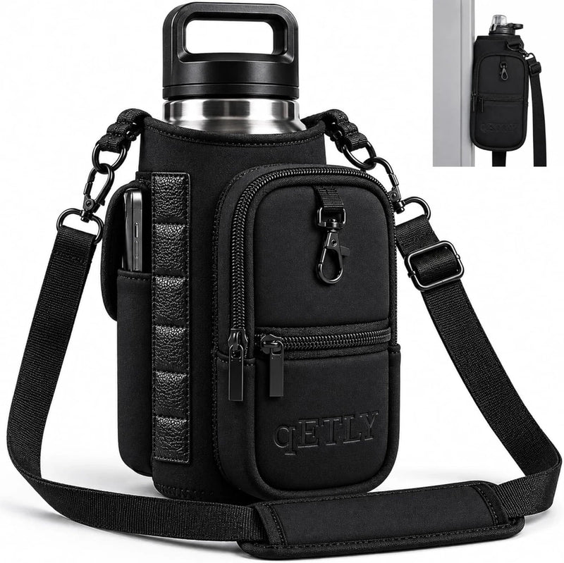 Soporte magnético para botella de agua, bolsa portabotella de agua para gimnasio con bolsillo para teléfono, asa, correa para el hombro, 6 imanes integrados, botella de agua