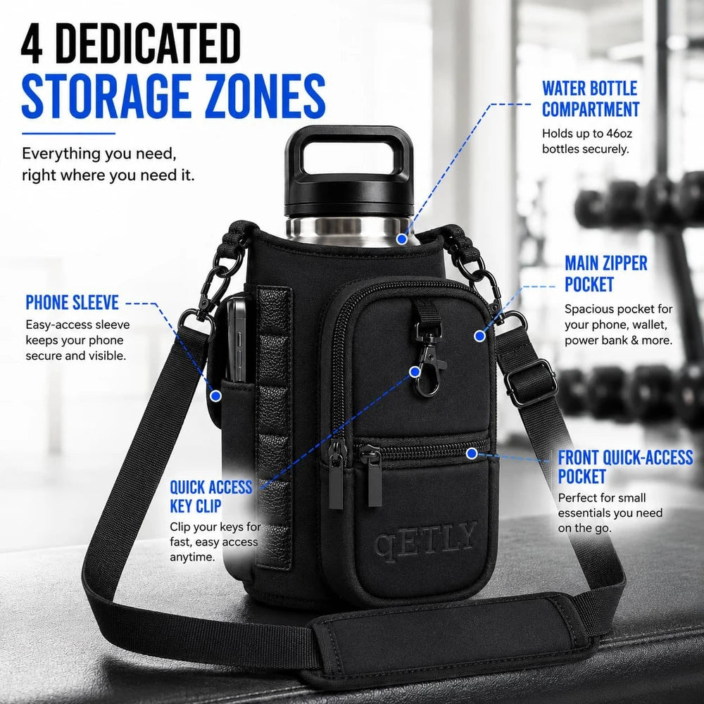 Soporte magnético para botella de agua, bolsa portabotella de agua para gimnasio con bolsillo para teléfono, asa, correa para el hombro, 6 imanes integrados, botella de agua