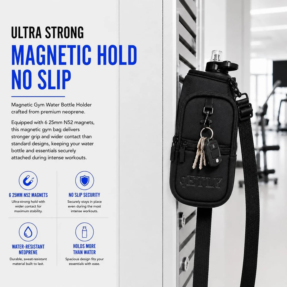 Soporte magnético para botella de agua, bolsa portabotella de agua para gimnasio con bolsillo para teléfono, asa, correa para el hombro, 6 imanes integrados, botella de agua