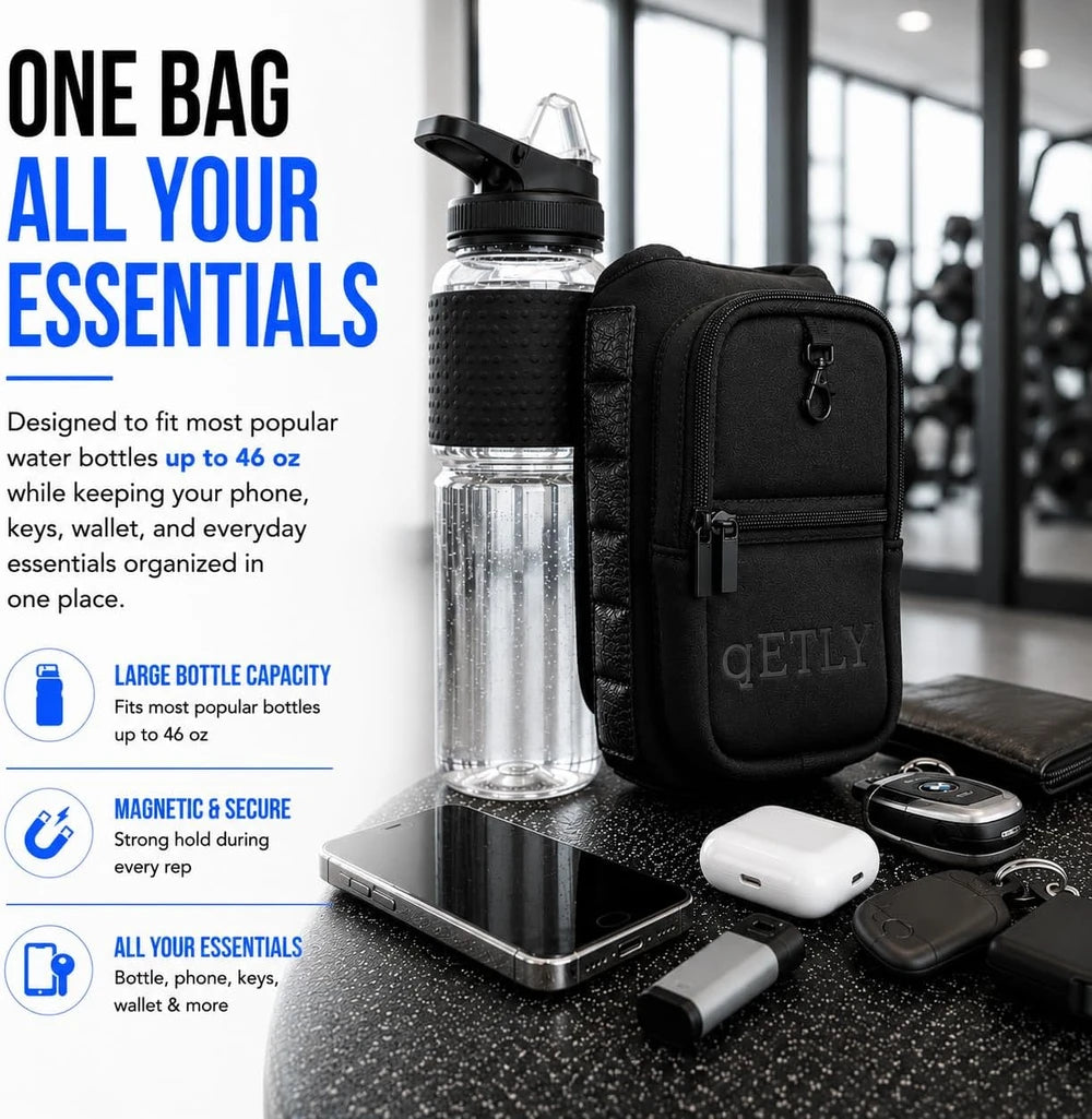 Soporte magnético para botella de agua, bolsa portabotella de agua para gimnasio con bolsillo para teléfono, asa, correa para el hombro, 6 imanes integrados, botella de agua
