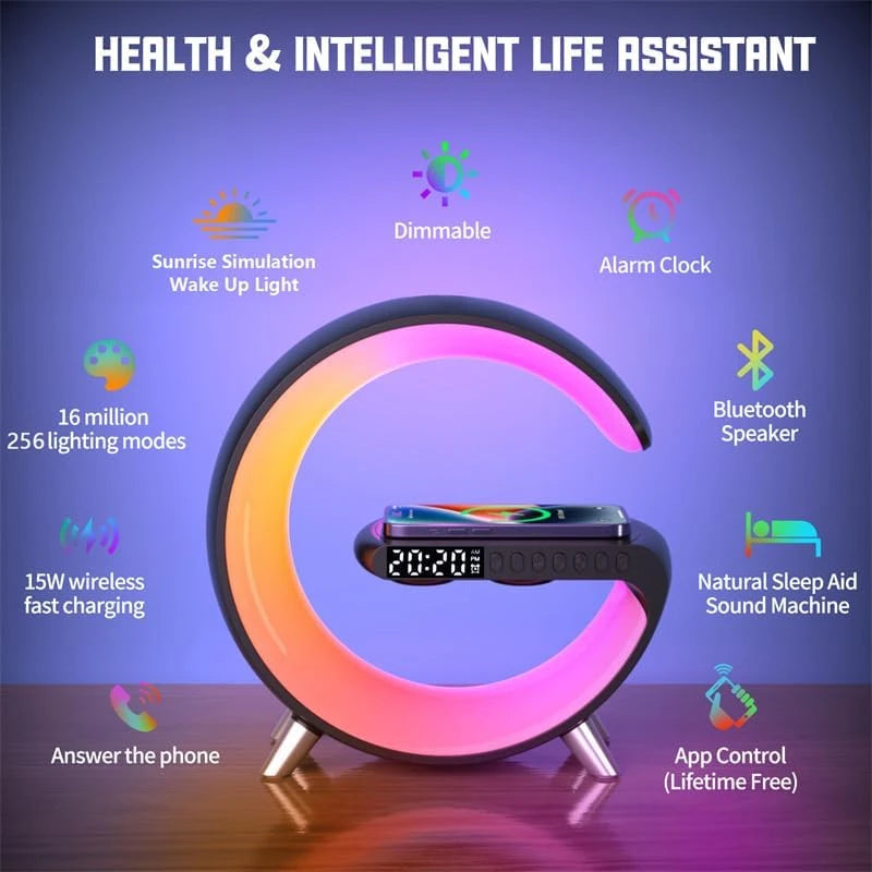 Nueva Lámpara LED Inteligente en Forma de G con Altavoz Bluetooth Cargador Inalámbrico Lámpara de Atmósfera Control por Aplicación para Dormitorio y Decoración del Hogar