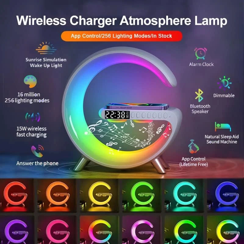 Nueva Lámpara LED Inteligente en Forma de G con Altavoz Bluetooth Cargador Inalámbrico Lámpara de Atmósfera Control por Aplicación para Dormitorio y Decoración del Hogar