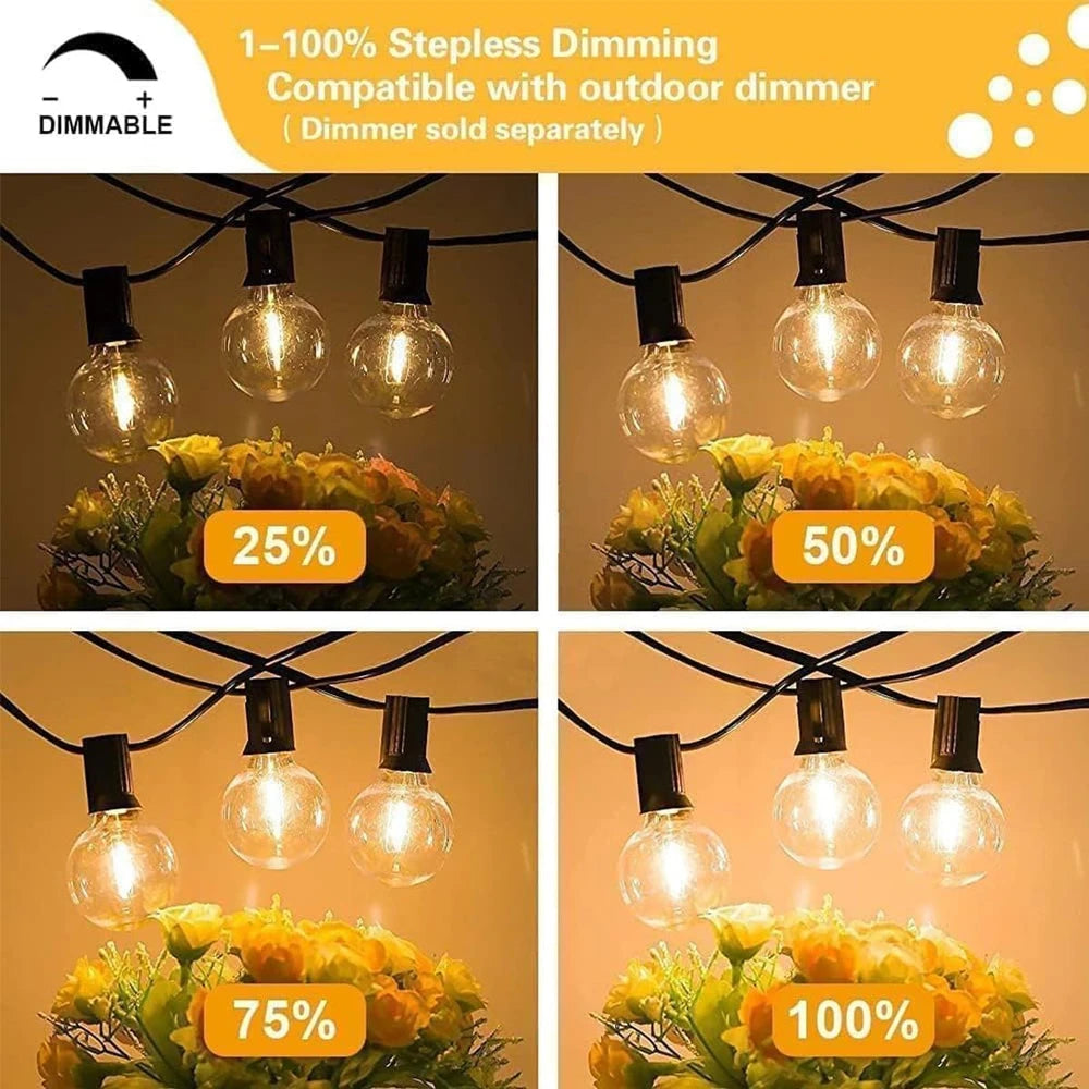 Luces de Cadena para Exteriores, Luces de Patio de 97 PIES con 49 Bombillas LED G40 Inastillables (1 de Repuesto), Cadena de Luces Impermeables para Patio Trasero, Porche, Bistró, Fiesta, Camping, Reuniones en el Jardín