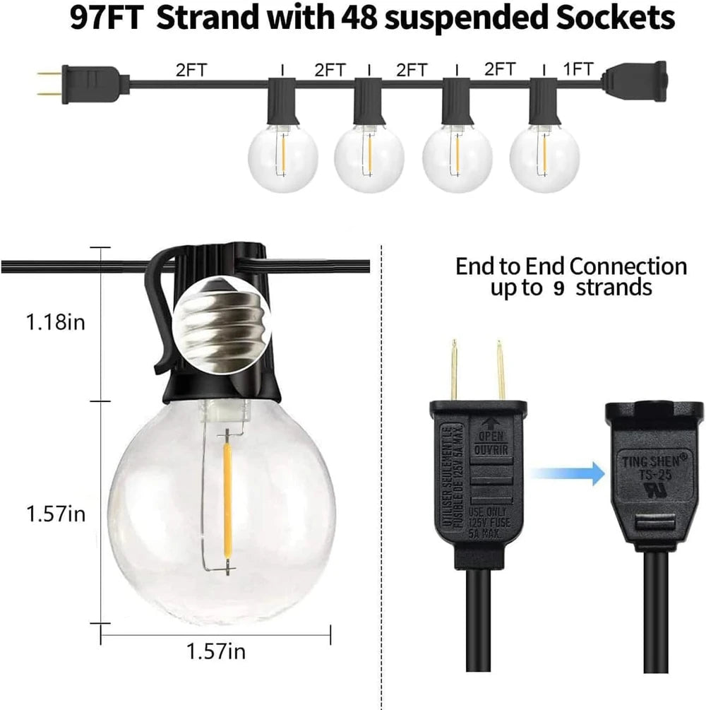 Luces de Cadena para Exteriores, Luces de Patio de 97 PIES con 49 Bombillas LED G40 Inastillables (1 de Repuesto), Cadena de Luces Impermeables para Patio Trasero, Porche, Bistró, Fiesta, Camping, Reuniones en el Jardín