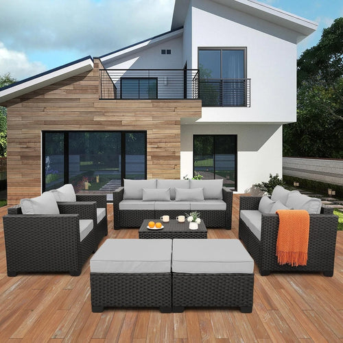 Conjunto de muebles de patio de 7 piezas, juego de sofás seccionales para exteriores con mesa de almacenamiento y cojines gris claro