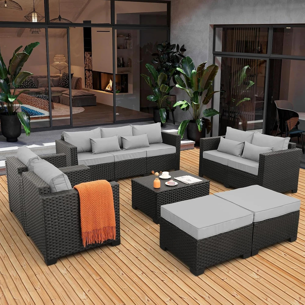 Conjunto de muebles de patio de 7 piezas, juego de sofás seccionales para exteriores con mesa de almacenamiento y cojines gris claro